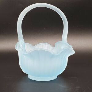 Vintage 7 Inch Tall Dusty Blue Satin Frosted Petal Glass Ribbed Basket EUC